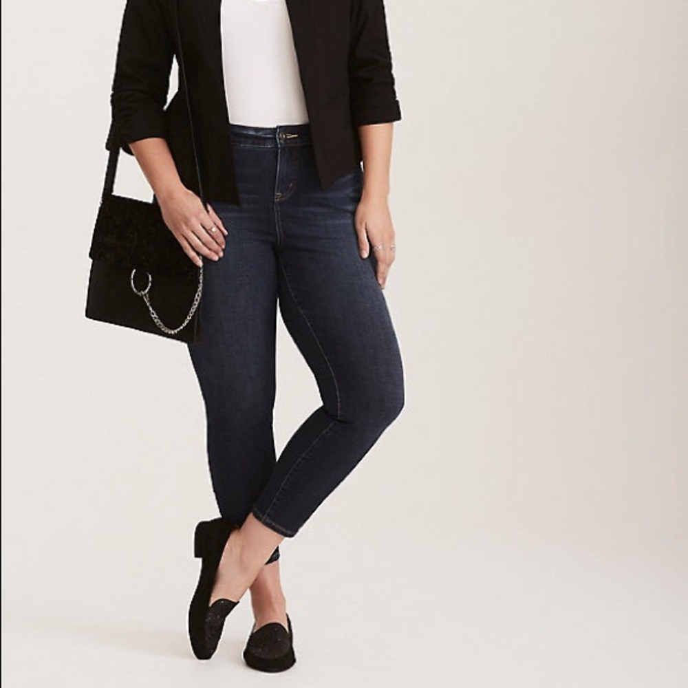 Torrid, curvy cut, short skinny jeans.  Dark wash
